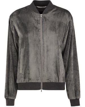 Peserico Stretch Corded Velvet Bomber Jacket With Silk Details - Black