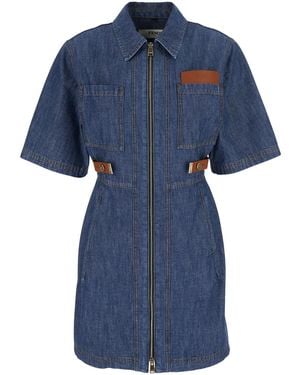 Fendi Dress With Classic Collar And Leather Logo Patch On The Front - Blue