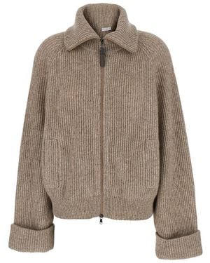 Brunello Cucinelli Cardigan With Turn-Down Collar And Monil On Zipper - Brown