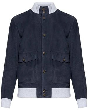 Eleventy Leather Jacket With Pocket And Buttons - Blue