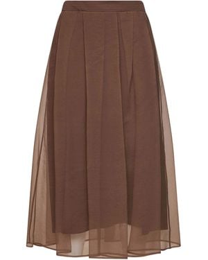 Brunello Cucinelli Cigar Crispy Silk Flared Midi Skirt - Brown