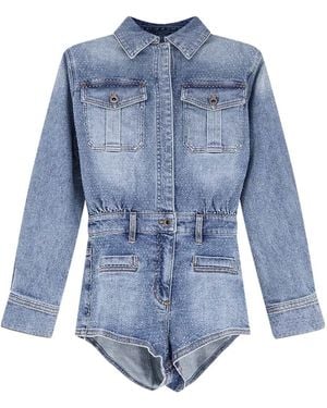 Self-Portrait Rhinestone Denim Playsuit - Blue