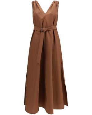 Brunello Cucinelli Cotton Poplin Dress Precious Shoulder Detail - Brown