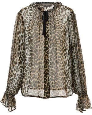 Ganni 'Leopard Print Chiffon Tie String' Shirt - Multicolor