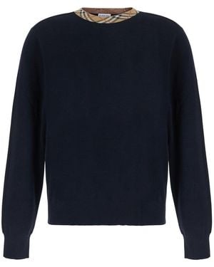 Burberry 'Michael' Crew Neck Sweater With Check Motif On The Neck - Blue