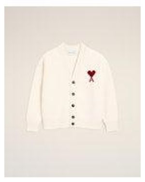 Ami Paris V Neck Cardigan With Contrasted Ami De Coeur - Natural