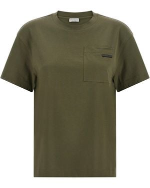 Brunello Cucinelli 'Shiny Tab' T-Shirt - Green