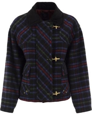 Fay Checked Wool-Blend Jacket With Hook Fastenings - Black