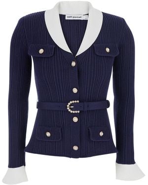 Self-Portrait Cardigan With Ribbed Texture And Long Sleeves - Blue
