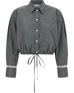 Ganni Cropped Shirt With Lace - Gray