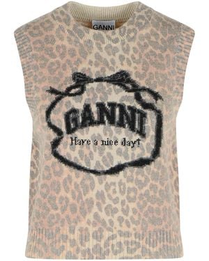 Ganni Leopard Wool Blend Vest - Gray