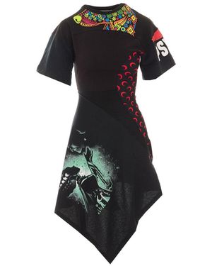 Marine Serre Asymmetrical Knee Lenghth Dress With Psycho And Moon Print - Black