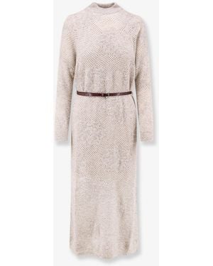 Brunello Cucinelli Mohair And Wool Blend Long Dress With All-Over Dazzling Detail - White