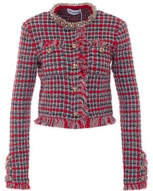 Self-Portrait Self Portrait Check Frayed Knit Jacket - Red