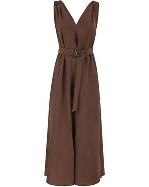 Brunello Cucinelli Techno Cotton Poplin Dress With Belt And Precious Shoulder Detail - Brown