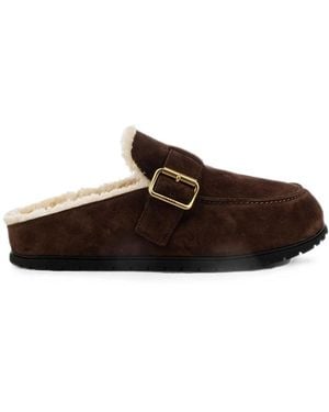 Prada Suede Slippers With Buckle And Sheepskin Lining - Brown