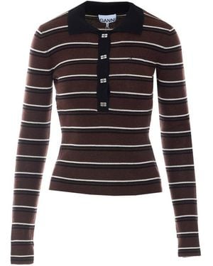 Ganni Ribbed Wool Long Sleeves Polo With Logo Buttons - Black