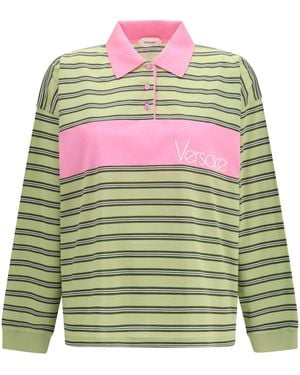 Versace Striped Intarsia Cotton Polo With Embroidered Logo - Green