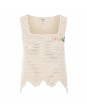 Chloé Cropped Crochet Knit Top With Logo - Natural