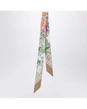 Gucci Silk Ribbon With Gg Flora Print - Green