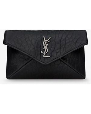 Saint Laurent Leather Envelope Card Holder With Metal Cassandre Logo - Black