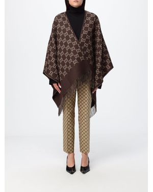 Gucci Asymmetric Wool Cape With All-Over Gg Motif And Fringed Hem - Brown