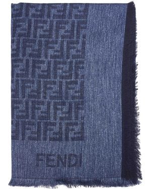 Fendi Silk Denim Cotton And Wool Ff Shawl - Blue
