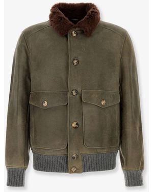 Brunello Cucinelli Waxed Shearling Bomber Jacket With Shearling Collar - Green