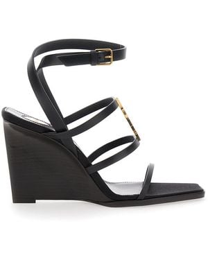 Saint Laurent Wedges With Metallic Cassandre Detail And Adjustable Leather Strap - Black