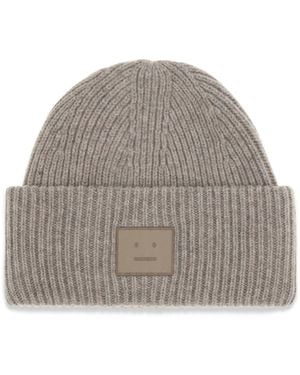 Acne Studios Ribbed Beanie Hat With Face Logo - Gray