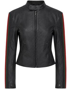 Gucci Leather Biker Jacket With Web Stripe - Black