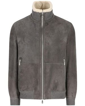 Brunello Cucinelli Leather Bomber Jacket With Sheep Lining - Gray