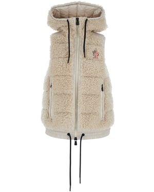 Moncler Vest With High Drawstring Neck And Logo Patch O - Natural