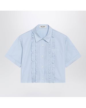 Miu Miu Light Cropped Poplin Shirt With Ruffles - Blue
