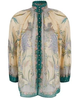 Zimmermann 'Indra' Blouse With Classic Collar And All-Over Floral Motif - Blue