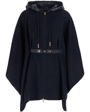 Moncler Cape With Removable Hood And Front Belt - Blue