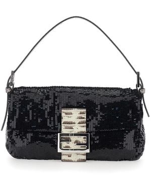 Fendi Shoulder Bag With All-Over Sequins And Ff Plate On The Front - Black