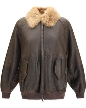 Brunello Cucinelli Vintage-Effect Shearling Bomber With Shiny Zipper Pull - Gray