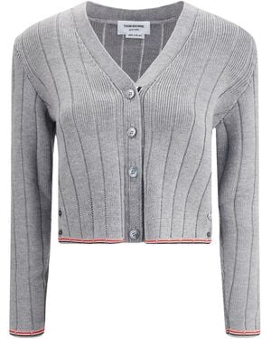 Thom Browne Ladder Full Needle Rib Stitch V Neck Car - Gray