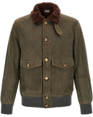 Brunello Cucinelli Waxed Shearling Bomber Jacket - Green