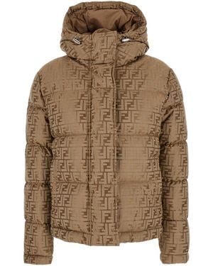 Fendi Down Jacket With Hood And Ff Logo All-Over - Brown