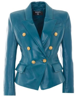 Balmain 6 Buttons Double Breasted Leather Jacket - Blue