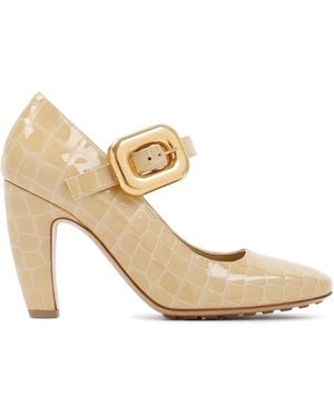 Bottega Veneta Luxurious Nude Croco Leather Mary Jane Pumps For - Metallic