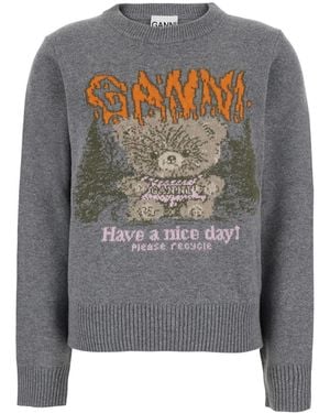 Ganni Crew Neck Sweater With Maxi Graphic On The Front - Gray