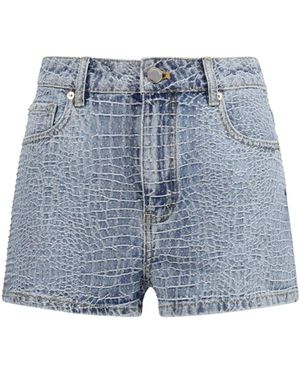 Self-Portrait Denim Shorts With Croc Effect And Rhinestones - Blue