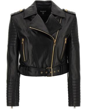 Balmain Leather Jacket Puffer Jackets - Black