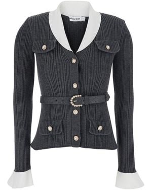Self-Portrait Cardigan With Ribbed Texture And Long Sleeves - Blue