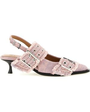 Ganni 'Feminine Buckle Fringed Denim' Slingback - Pink