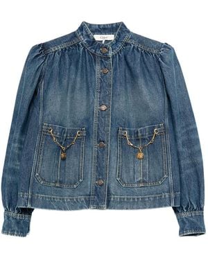 Chloé High-Neck Gathered Denim Jacket - Blue