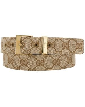 Gucci Belt With Square Buckle And Gg Motif All-Over - Natural